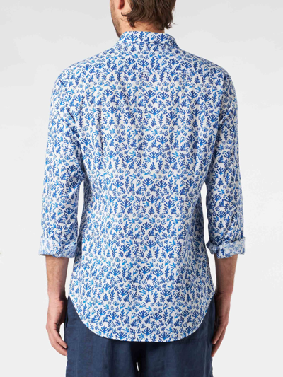 Mc2 Saint Barth Man Muslin Cotton Sikelia Shirt With Blue Leaves Print In White