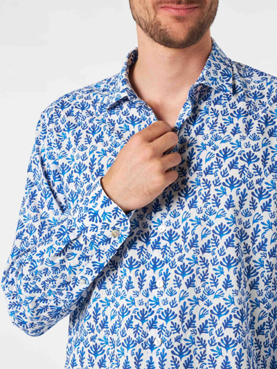 Mc2 Saint Barth Man Muslin Cotton Sikelia Shirt With Blue Leaves Print In White