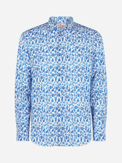 Shop Mc2 Saint Barth Man Muslin Cotton Sikelia Shirt With Blue Leaves Print In White