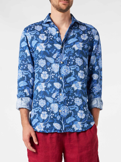 Shop Mc2 Saint Barth Man Linen Pamplona Shirt With Flower Print In Blue