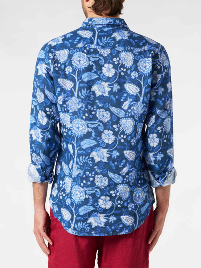 Shop Mc2 Saint Barth Man Linen Pamplona Shirt With Flower Print In Blue