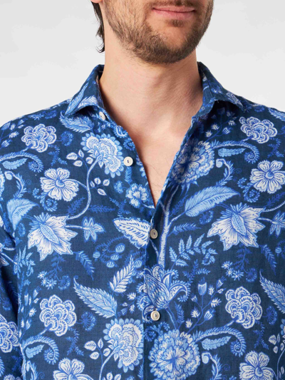Shop Mc2 Saint Barth Man Linen Pamplona Shirt With Flower Print In Blue