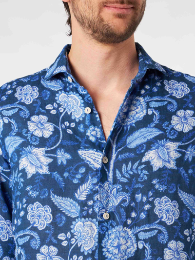 Mc2 Saint Barth Man Linen Pamplona Shirt With Flower Print In Blue