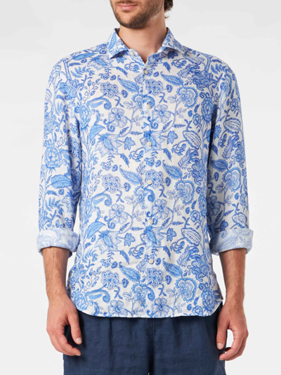 Shop Mc2 Saint Barth Man Linen Pamplona Shirt With Flower Print In White