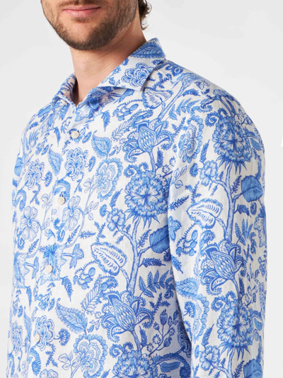 Mc2 Saint Barth Man Linen Pamplona Shirt With Flower Print In White