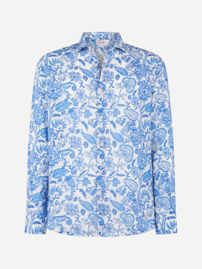 Mc2 Saint Barth Man Linen Pamplona Shirt With Flower Print In White
