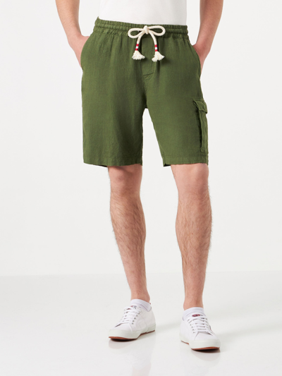 Shop Mc2 Saint Barth Man Linen Militrary Green Bermuda Shorts