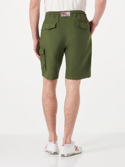 Shop Mc2 Saint Barth Man Linen Militrary Green Bermuda Shorts