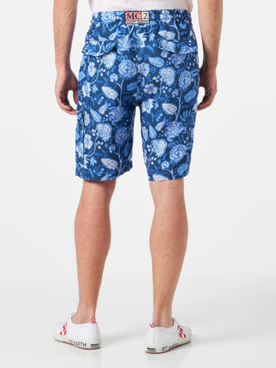 Mc2 Saint Barth Man Linen Blue Bermuda Shorts With Flower Print In Blue