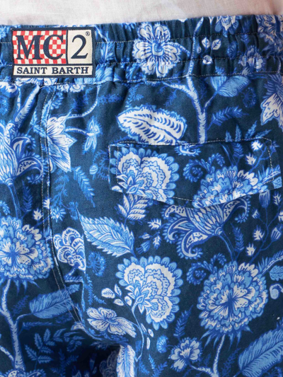 Mc2 Saint Barth Man Linen Blue Bermuda Shorts With Flower Print In Blue