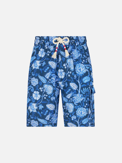 Mc2 Saint Barth Man Linen Blue Bermuda Shorts With Flower Print In Blue