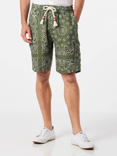 Mc2 Saint Barth Man Linen Bermuda Shorts With Military Green Bandanna Print In Green