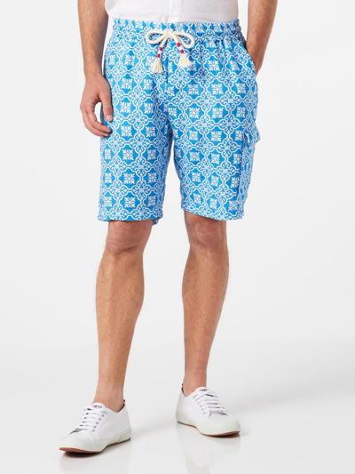 Mc2 Saint Barth Man Linen Bermuda Shorts With White And Light Blue Majolica Print In Blue