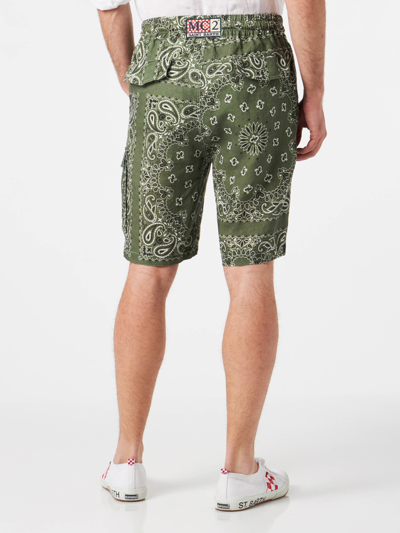 Mc2 Saint Barth Man Linen Bermuda Shorts With Military Green Bandanna Print In Green