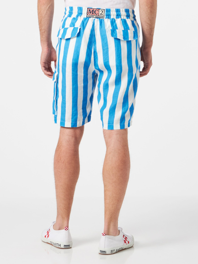 Mc2 Saint Barth Man Linen Bermuda Shorts With White And Bluette Stripes In Blue