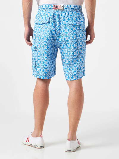 Mc2 Saint Barth Man Linen Bermuda Shorts With White And Light Blue Majolica Print In Blue