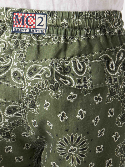 Mc2 Saint Barth Man Linen Bermuda Shorts With Military Green Bandanna Print In Green