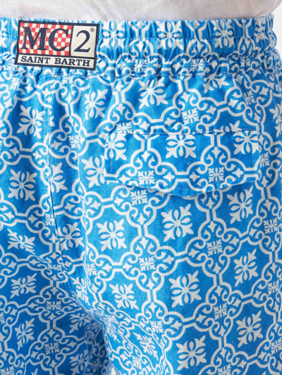 Mc2 Saint Barth Man Linen Bermuda Shorts With White And Light Blue Majolica Print In Blue