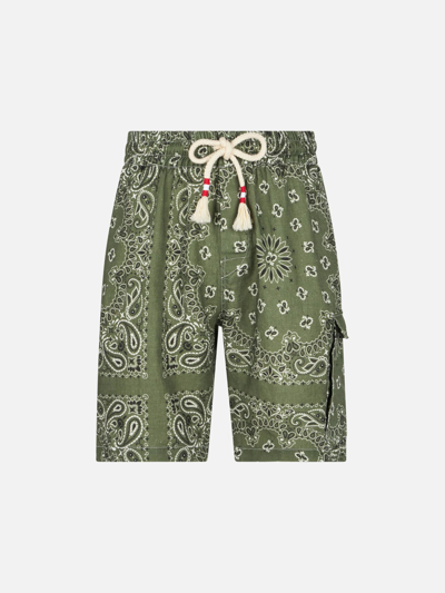 Mc2 Saint Barth Man Linen Bermuda Shorts With Military Green Bandanna Print In Green