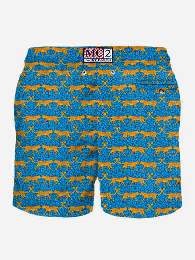 Shop Mc2 Saint Barth Man Light Fabric Swim Shorts With Wild Cat Print In Blue