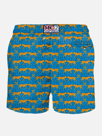 Mc2 Saint Barth Man Light Fabric Swim Shorts With Wild Cat Print In Blue