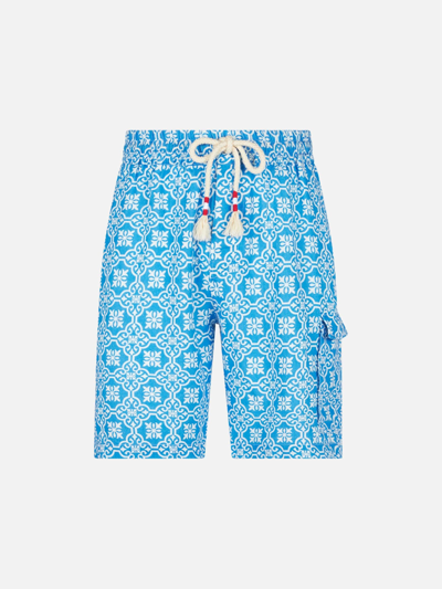 Mc2 Saint Barth Man Linen Bermuda Shorts With White And Light Blue Majolica Print In Blue