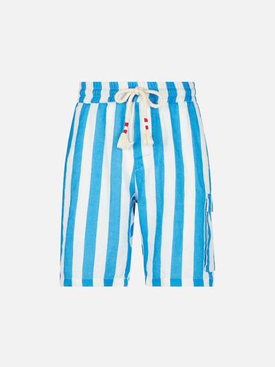 Mc2 Saint Barth Man Linen Bermuda Shorts With White And Bluette Stripes In Blue