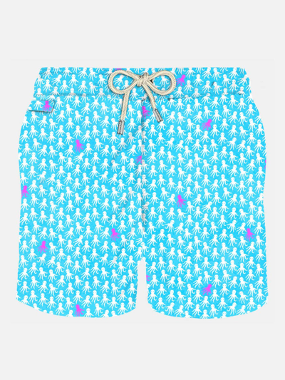 Mc2 Saint Barth Man Light Fabric Swim Shorts With White And Fuchsia Octopus Print In Sky