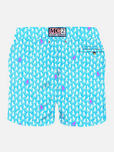 Mc2 Saint Barth Man Light Fabric Swim Shorts With White And Fuchsia Octopus Print In Sky
