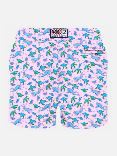 Shop Mc2 Saint Barth Man Light Fabric Swim Shorts With Turtles And Scuba Divers Print In Pink