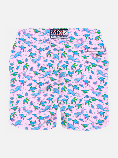 Mc2 Saint Barth Man Light Fabric Swim Shorts With Turtles And Scuba Divers Print In Pink