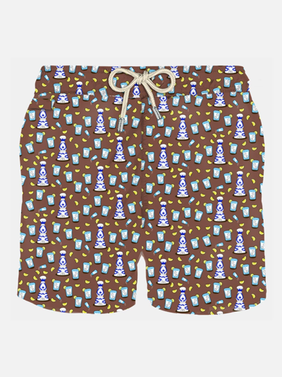 Shop Mc2 Saint Barth Man Light Fabric Swim Shorts With Tequila Print In Brown