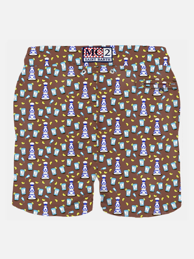 Shop Mc2 Saint Barth Man Light Fabric Swim Shorts With Tequila Print In Brown