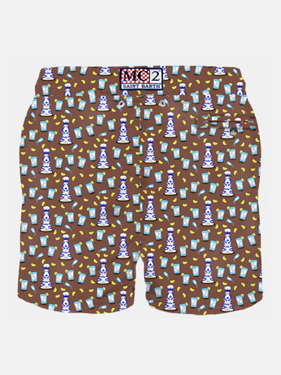 Mc2 Saint Barth Man Light Fabric Swim Shorts With Tequila Print In Brown