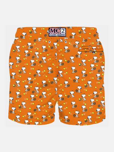 Shop Mc2 Saint Barth Man Light Fabric Swim Shorts With Tennis Snoopy Print Snoopy - Peanuts Special Edition In Orange