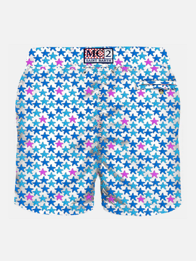 Shop Mc2 Saint Barth Man Light Fabric Swim Shorts With Starfish Print In White