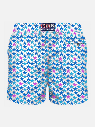 Mc2 Saint Barth Man Light Fabric Swim Shorts With Starfish Print In White