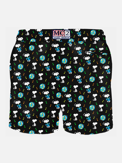Shop Mc2 Saint Barth Man Light Fabric Swim Shorts With Snoopy Print Peanuts® Special Edition In Black