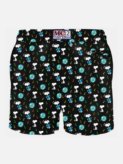 Mc2 Saint Barth Man Light Fabric Swim Shorts With Snoopy Print Peanuts® Special Edition In Black