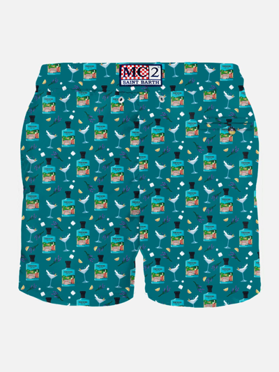 Mc2 Saint Barth Man Light Fabric Swim Shorts With Portofino Gin Print Portofino Dry Gin Special Edition In Green