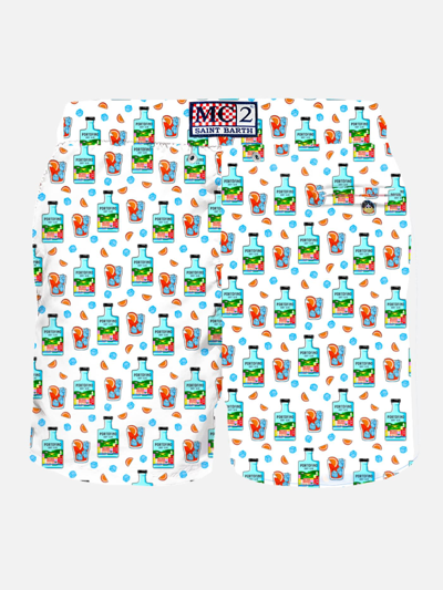 Mc2 Saint Barth Man Light Fabric Swim Shorts With Gin Print Portofino Dry Gin Special Edition In White
