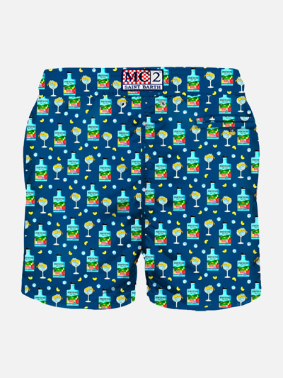 Mc2 Saint Barth Man Light Fabric Swim Shorts With Portofino Gin Print Portofino Dry Gin Special Edition In Blue