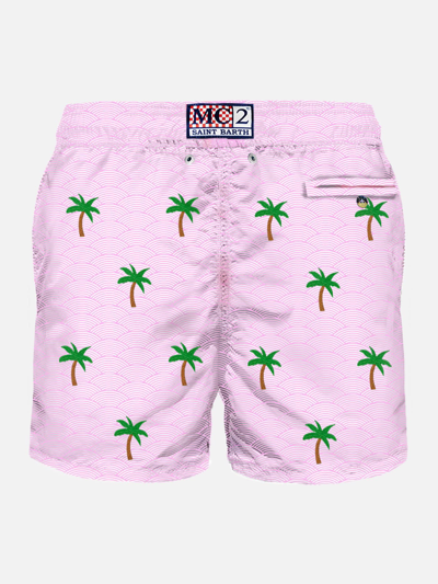 Shop Mc2 Saint Barth Man Light Fabric Swim Shorts With Palm Embroidery In Pink