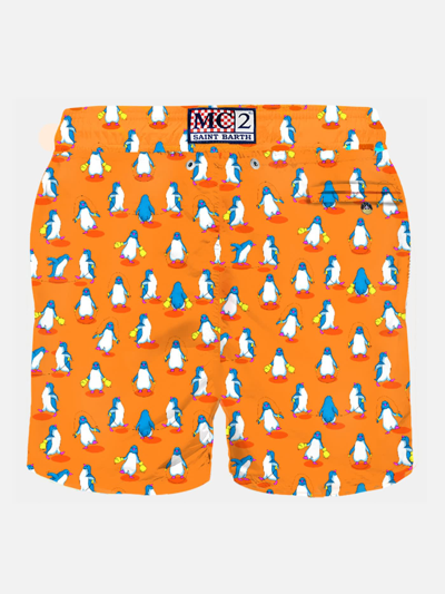 Mc2 Saint Barth Man Light Fabric Swim Shorts With Penguins Print In Orange