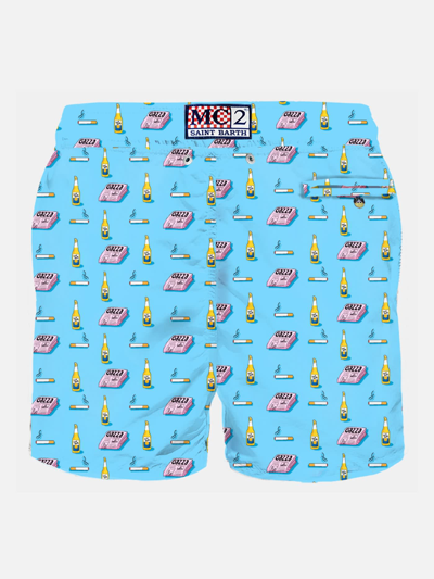 Mc2 Saint Barth Man Light Fabric Swim Shorts With Newspaper, Beer And Cigarette Print In Celeste