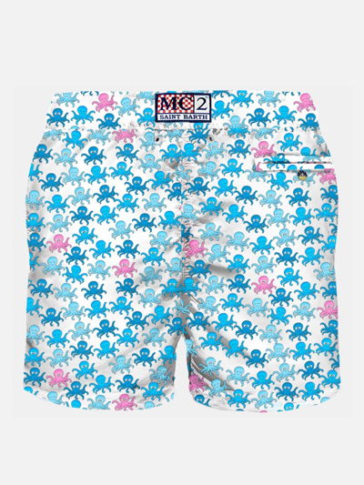 Shop Mc2 Saint Barth Man Light Fabric Swim Shorts With Octopus Print In White