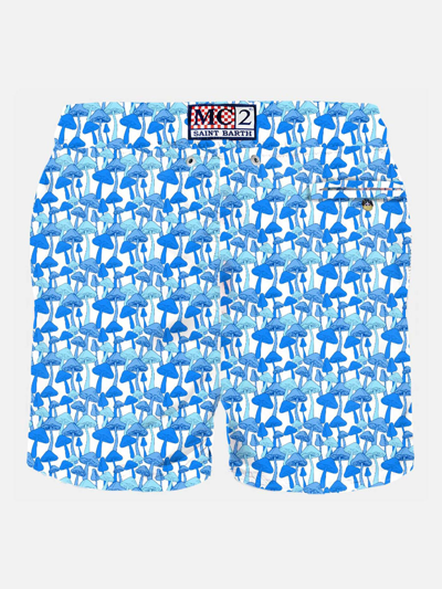 Mc2 Saint Barth Man Light Fabric Swim Shorts With Mushrooms Print In Sky