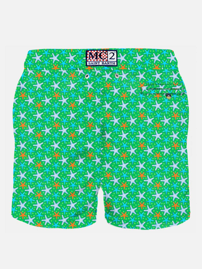 Mc2 Saint Barth Man Light Fabric Swim Shorts With Multicolor Starfish Print In Green