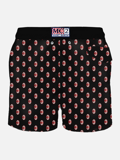Shop Mc2 Saint Barth Man Light Fabric Swim Shorts With Milan Print Milan Special Edition In Black