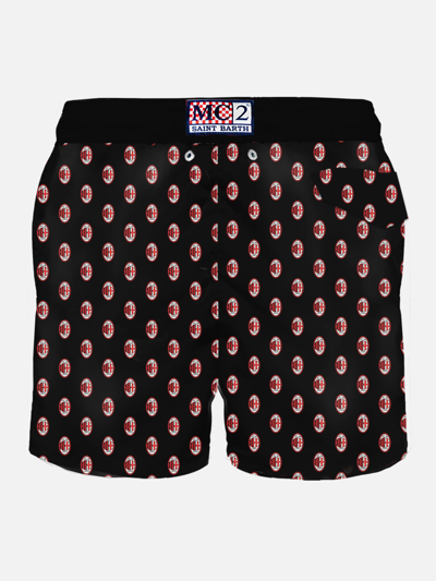 Mc2 Saint Barth Man Light Fabric Swim Shorts With Milan Print Milan Special Edition In Black